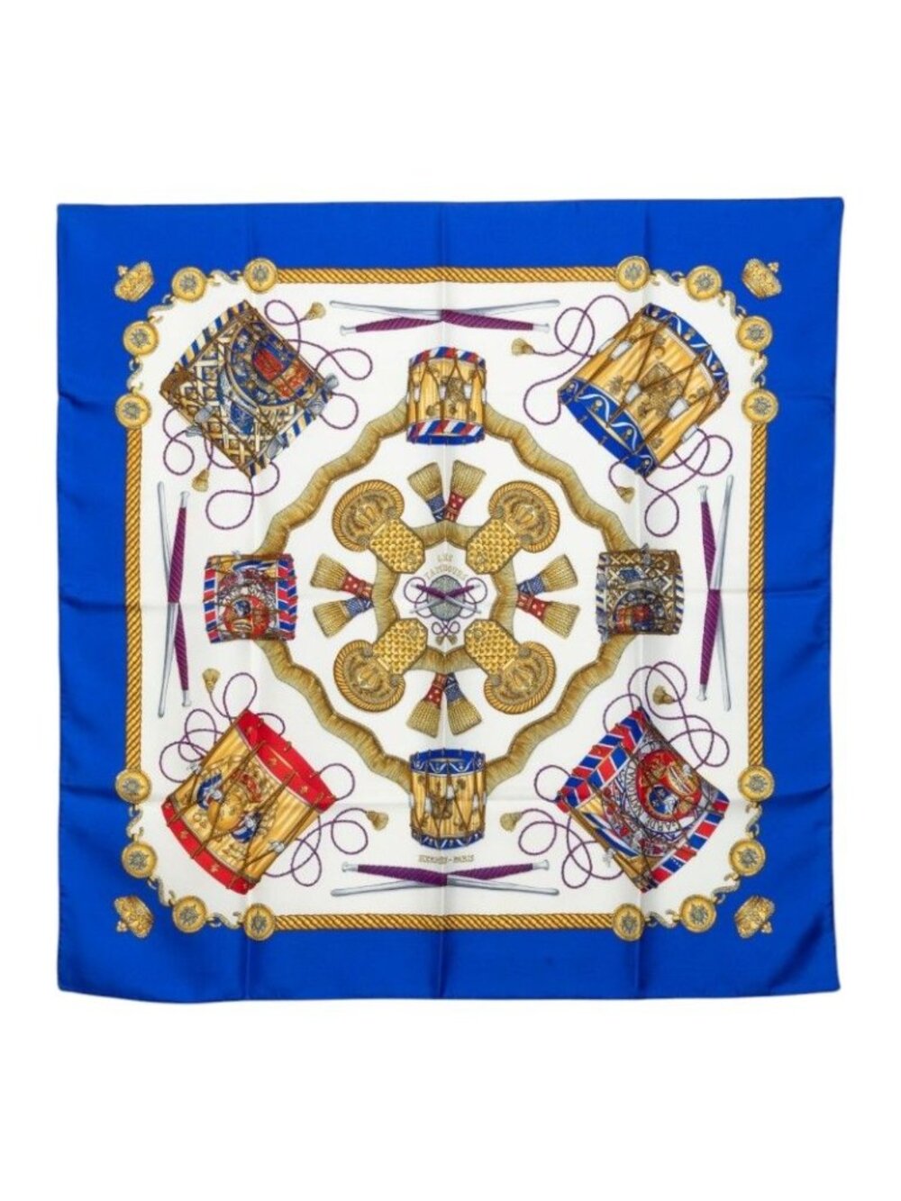 Hermes Carre 90 les Tambour Drum Scarf Blue Multicolor Silk